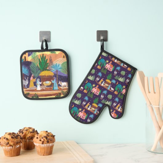 Kerststal Handgetekende Kerst Ovenwant & Pannenlap Set (Insitu(Ophanging))