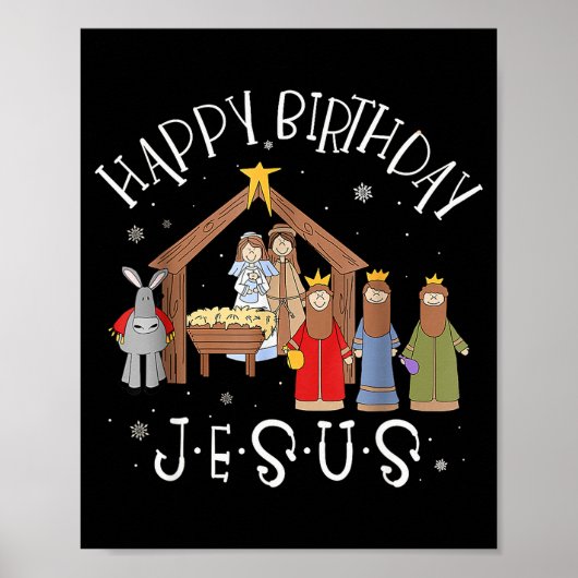 Kerststal Happy Birthday Jezus Kerstmis Kerststal Poster (Voorkant)