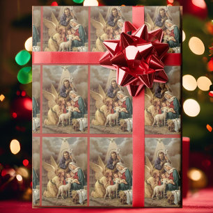 Kerststal Heilige Familie met engel Kerstmis Cadeaupapier