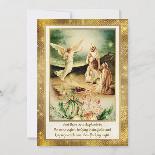 Kerststal Herders & Engelen Gouden Kerstmis Kaart (Voorkant)