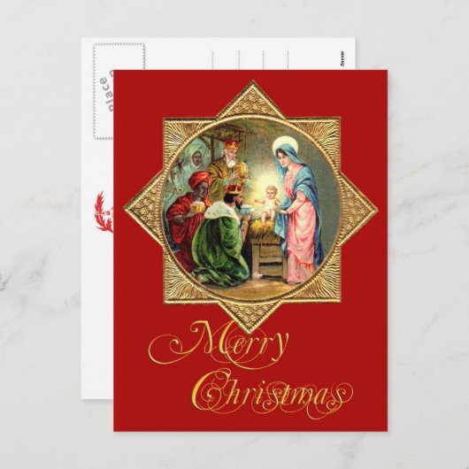 Kerststal in een gouden, geprägde ster feestdagenkaart (Voorkant / Achterkant)