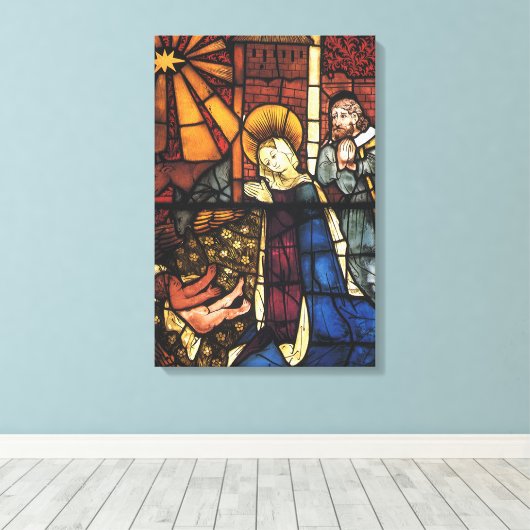 Kerststal in glas-in-lood uit het verleden canvas afdruk (Insitu (Houten vloer))