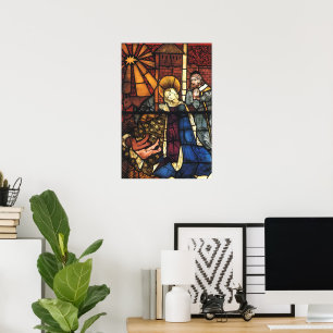 Kerststal in glas-in-lood uit het verleden poster