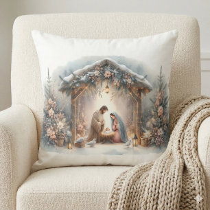 Kerststal in landelijke stijl met winterbloemen kussen