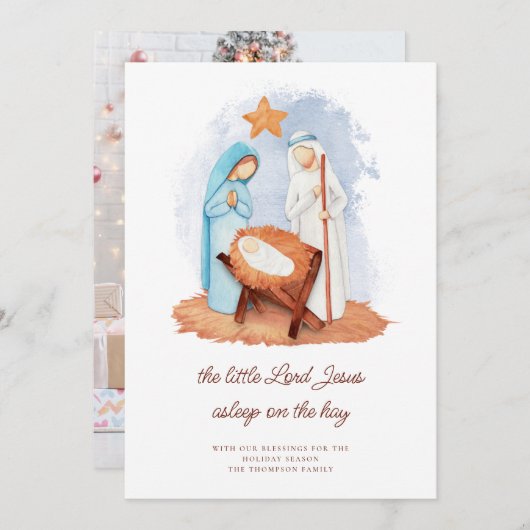 Kerststal in slaap op het hooi Foto Kerstmis Feestdagenkaart (Voorkant / Achterkant)