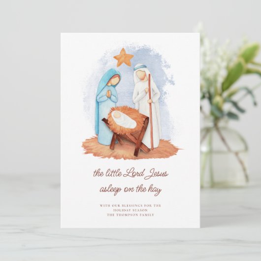 Kerststal in slaap op het hooi Kerstmis Feestdagenkaart (Staand voorkant)