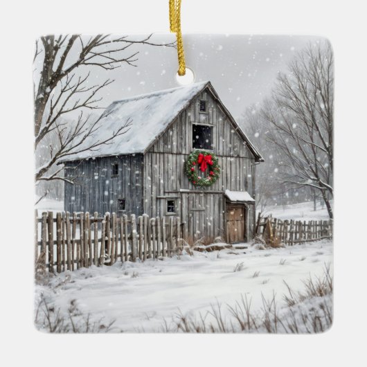 Kerststal in sneeuwvlokken keramisch ornament (Voorkant)