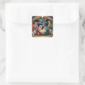 Kerststal kerstgroet vierkante sticker (Tas)