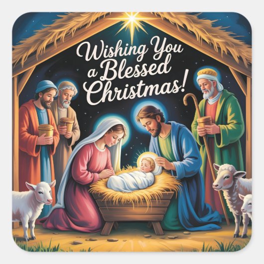 Kerststal kerstgroet vierkante sticker (Voorkant)