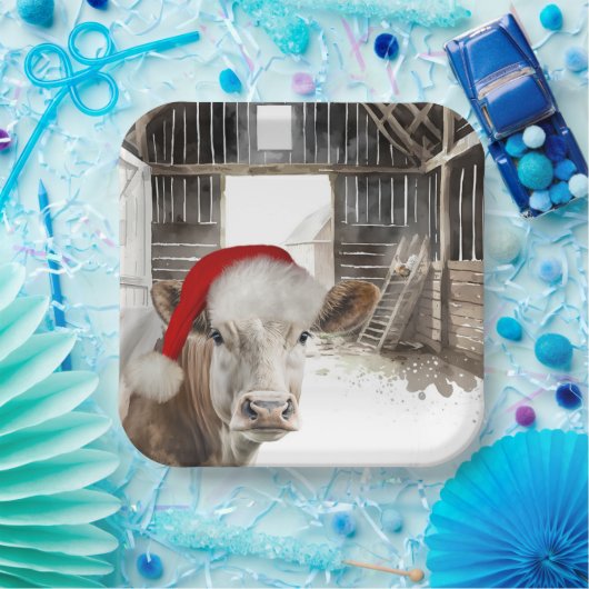 Kerststal Koe met Santa Hat Papieren Bordje (Feest)