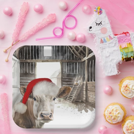 Kerststal Koe met Santa Hat Papieren Bordje (Feest)