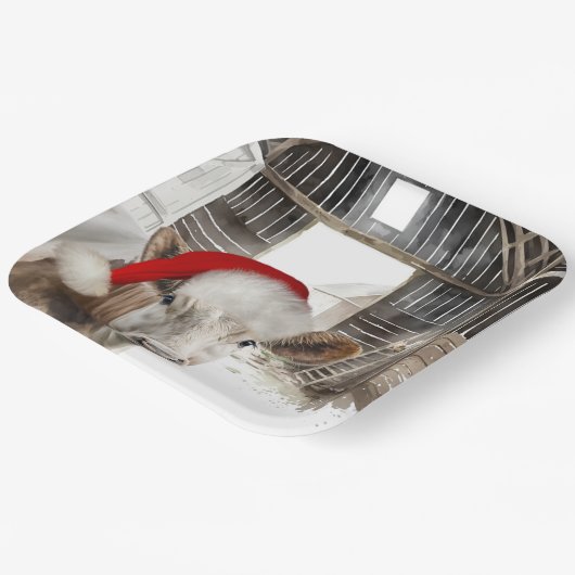 Kerststal Koe met Santa Hat Papieren Bordje (Gebogen)