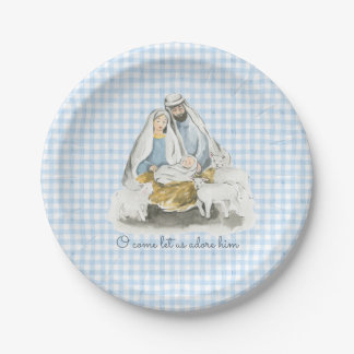Kerststal, Kribbe Scene, Gingham Blauw Papieren Bordje