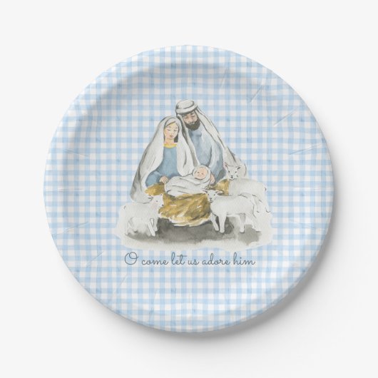 Kerststal, Kribbe Scene, Gingham Blauw Papieren Bordje (Voorkant)