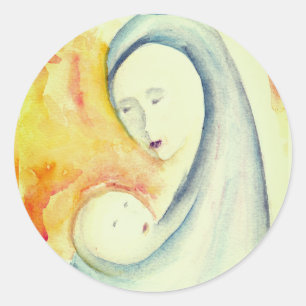Kerststal Madonna en Kind Waterverf Ronde Sticker