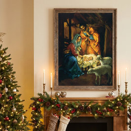 Kerststal met Baby Jezus in de kribbe Poster