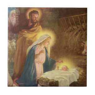 Kerststal met Maria, Jozef en Jezus als baby Tegeltje
