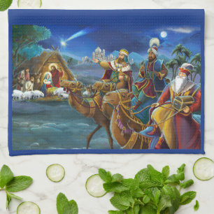 Kerststal met wijzen Kerstvakantie   Theedoek