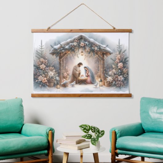 Kerststal met winterbloemen in rustieke stijl hangend wandkleed (Woonkamer)