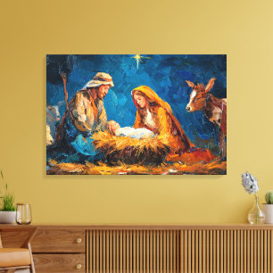 Kerststal, mooie illustratie, canvas afdruk