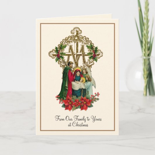 Kerststal Onbevlekte Maagd Maria Jezus Poinsettia' Feestdagen Kaart (Voorkant)