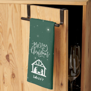 Kerststal Prettig Kerstfeest Groen Theedoek