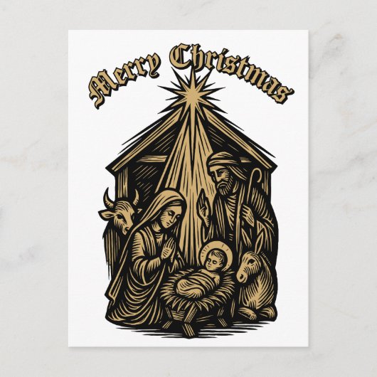Kerststal Retro Middeleeuwse Houtsnede Feestdagenkaart (Voorkant)