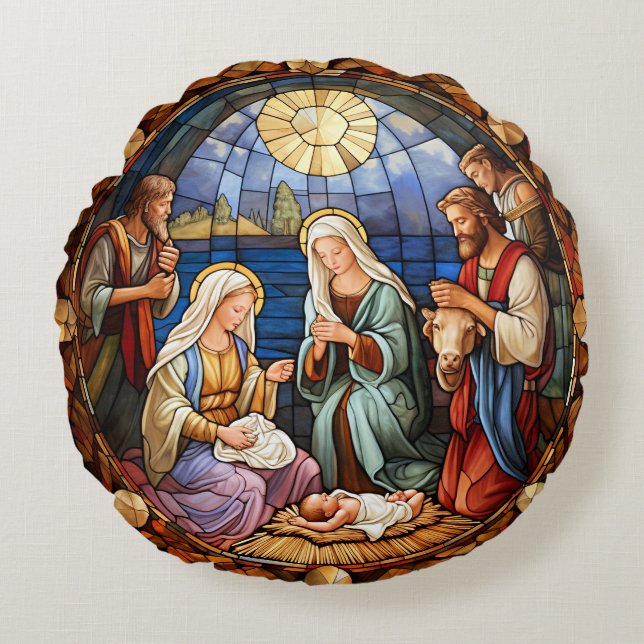 Kerststal  rond kussen (Voorkant)
