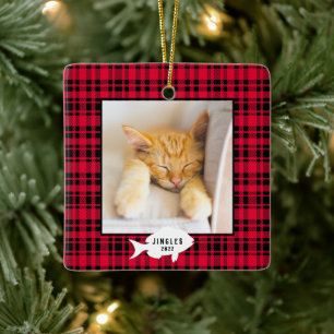 Kerststal rood geruit kattennaam Kerstmis Keramisch Ornament