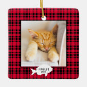 Kerststal rood geruit kattennaam Kerstmis Keramisch Ornament (Voorkant)