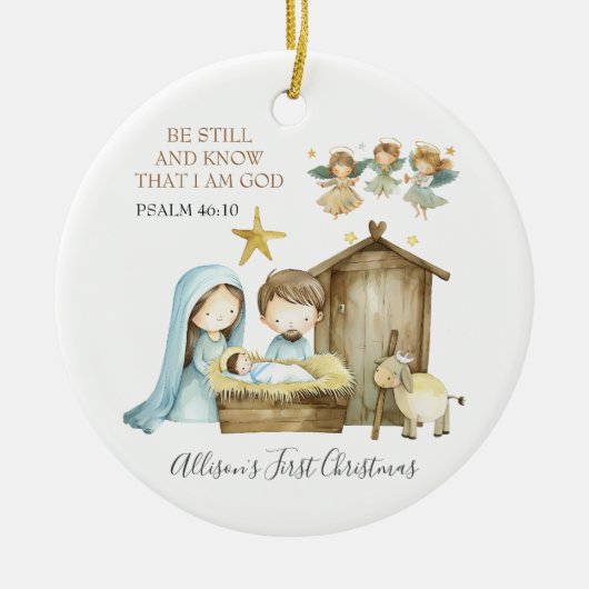 Kerststal scène Bijbelvers Eerste Kerstmis Keramisch Ornament (Voorkant)