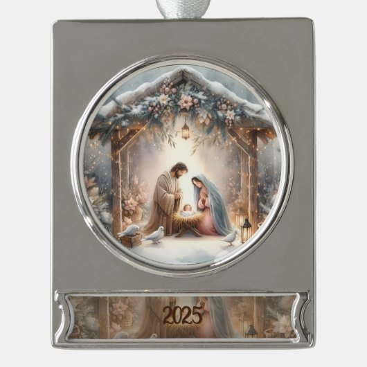 Kerststal Scene met Winterbloemen Kaart Verzilverd Banner Ornament (Voorkant)