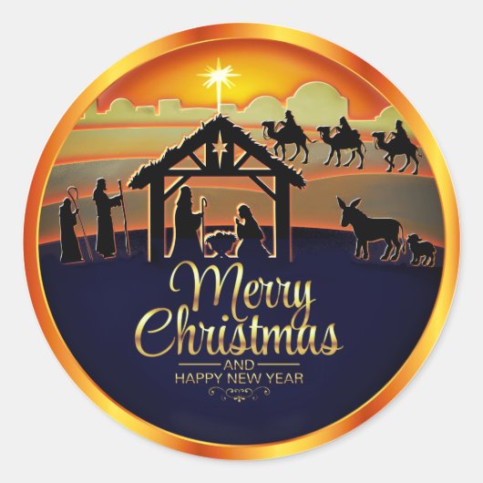 Kerststal Silhouet "Prettig Kerstfeest" Ronde Sticker (Voorkant)