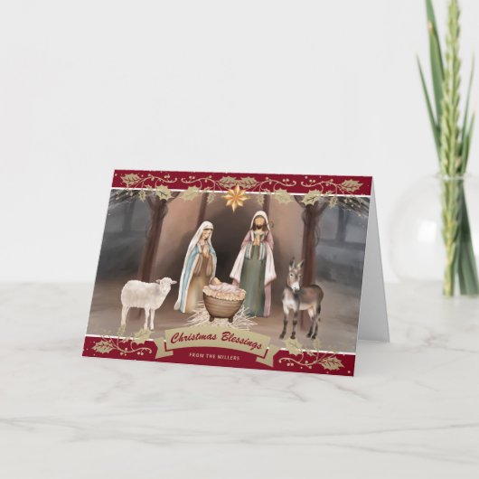 Kerststal Ster van Bethlehem Rode Kerst Kaart (Voorkant)
