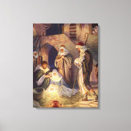 Kerststal vintage, 3 herders canvas afdruk
