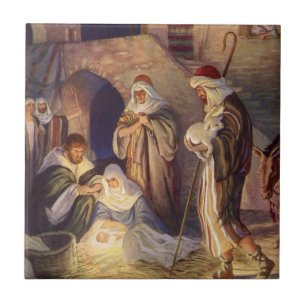 Kerststal vintage, 3 herders en Jezus Tegeltje