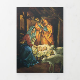Kerststal vintage, baby Jezus in kribbe Drieluik Wenskaart