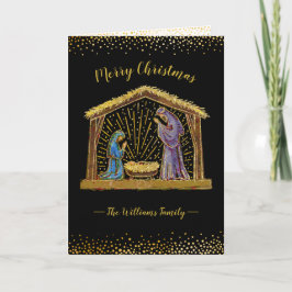 Kerststal voederbak Zwarte Gouden Typografie Feestdagen Kaart