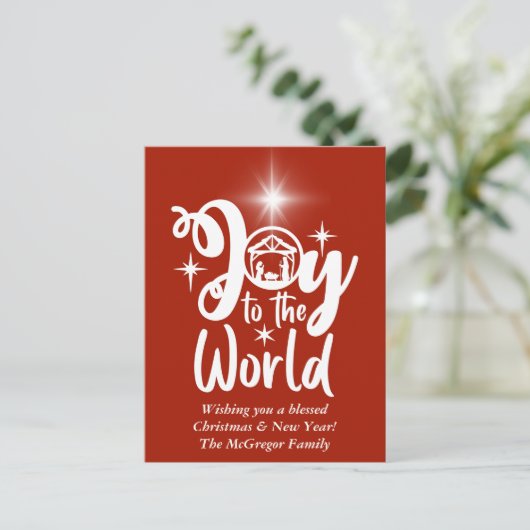 Kerststal - Vreugde voor de Wereld Rood & Wit Feestdagenkaart (Staand voorkant)