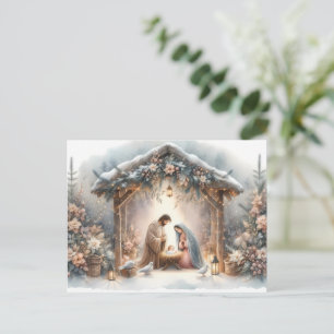 Kerststalletje in landelijke stijl met winterbloem feestdagenkaart