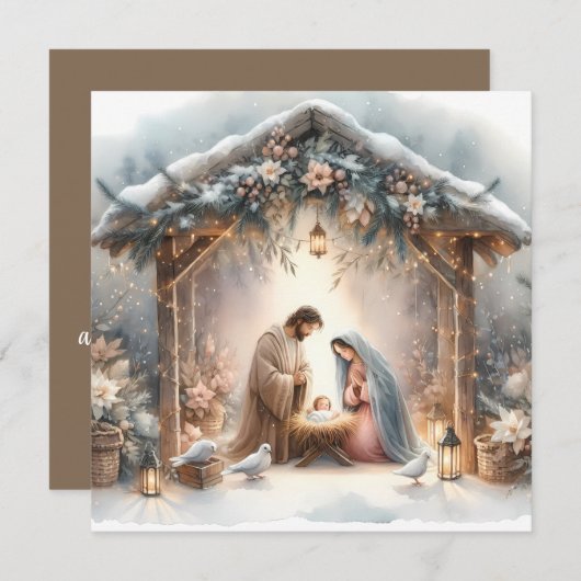 Kerststalletje op het platteland met winterbloemen feestdagenkaart (Voorkant / Achterkant)