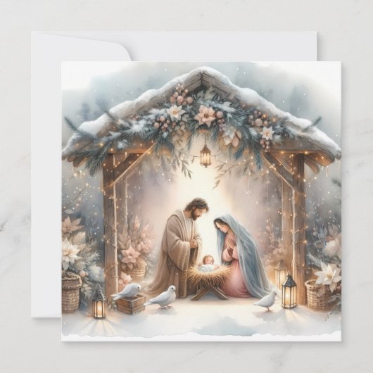 Kerststalletje op het platteland met winterbloemen feestdagenkaart (Voorkant)