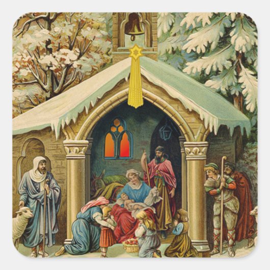 Kerststalletje vierkante stickers (Voorkant)
