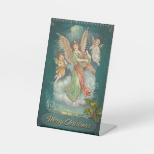 Kerststandaardbord '3 engelen' vintage reclamebord met voetstuk