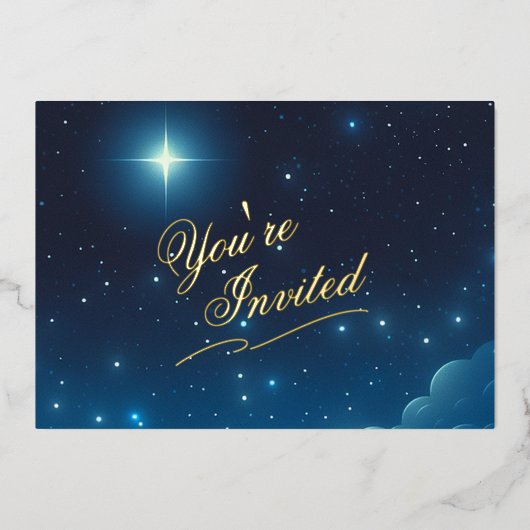 Kerstster Blauwe Folie Uitnodiging (Voorkant)