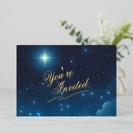 Kerstster Blauwe Folie Uitnodiging (Staand Voorkant)