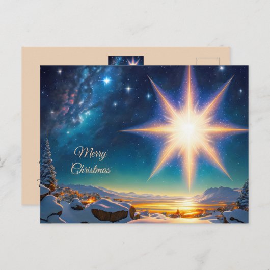 Kerstster, charmant winterlandschap 's nachts briefkaart (Voorkant / Achterkant)