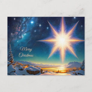 Kerstster, charmant winterlandschap 's nachts briefkaart