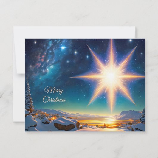 Kerstster, charmant winterlandschap 's nachts feestdagenkaart (Voorkant)