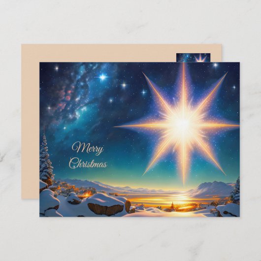 Kerstster, charmant winterlandschap 's nachts feestdagenkaart (Voorkant / Achterkant)